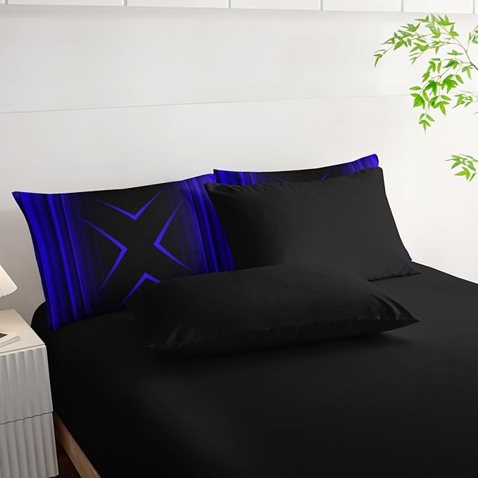 Blue and Black Geometric Comforter Set Queen Size 7Pieces,3D Abstract Mordern Printed Bedding Set for Adults,Geometric Mordern Decor All Seasons with Pillowcases,Flat, Fitted Sheet