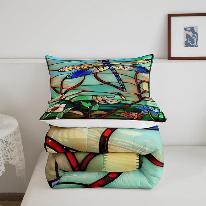Erosebridal Boho Dragonfly King Comforter Set Exotic Dragonfly Flowers Bedding Set for Kids Adults Women,Rustic Lotus Floral Down Comforter Glass Style Art Animal Quilt Duvet Green Teal Blue