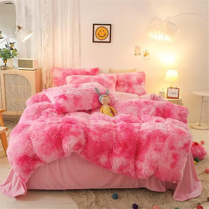 chovy Faux Fur Tie-Dyed Pink White Red Colorful Comforter Sets King - 3PC Bed Set Ultra Soft Plush Flannel Velvet Fluffy Fuzzy Bedding（Comforter x 1 Pillowcases x 2）