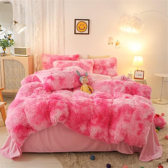 chovy Faux Fur Tie-Dyed Pink White Red Colorful Comforter Sets Queen - 3PC Bed Set Ultra Soft Plush Flannel Velvet Fluffy Fuzzy Bedding（Comforter x 1 Pillowcases x 2）