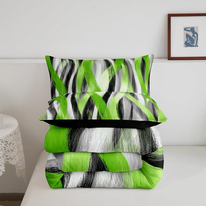 Erosebridal Geometric Stripes Comforter King Modern Abstract Comforter Set Grey Black Lime Green Bedding Set for Kids Boys Teen Men Swirl Lines Quilt Duvet Room Decor 3 Pcs