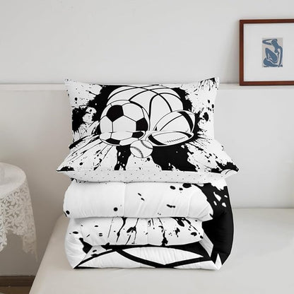 Feelyou Football Comforter Set Queen Size Baseball Comforter for Boys Girls Teens Sports Game Bedding Set Rugby Sports Duvet Set Room Decor White Balck Mixed Ball Quilt Set