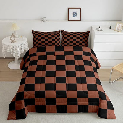 Feelyou Checkered Bedding Set Teen Women Men Brown Black Plaid Comforter Set Toddler Size Kids Boys Girls Cute Retro Neutral Checkerboard Geometric Duvet Insert Vintage Aesthetic Room Decor