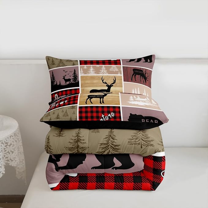Rustic Farmhouse Bedding Set Full,Vintage Cabin Lodge Comforter Set For Kids Girls Teens Bedroom Decor,Woodland Bear Deer Quilt Western Cowboy Grid Claw Bedding Comforter Sets Cabin Gifts For Women