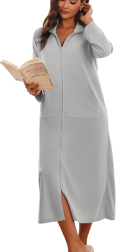 Ekouaer Women Zipper Robe Long Sleeves House Coat Soft Bathrobe Sleepwear with Pockets Housecoat Loungewear