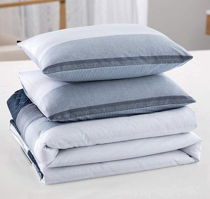SLEEPBELLA Comforter Twin Size, 600 Thread Count Cotton White and Navy Striped Patchwork Reversible Pattern Reversible Blue Comforter Set,Down Alternative Bedding Set 2Pcs (Twin, Blue Patchwork)