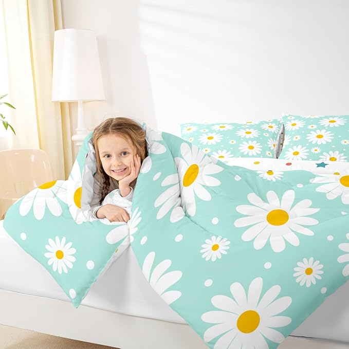 Erosebridal Teal Floral Comforter Set Cute Daisy Girly Bedding Set Garden Plants Cartoon Flowers Comforter Full Size for Kids Teen Adults,Modern Aesthetic Decor Bed Set 2 Pillow Cases