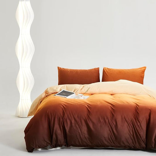 Cottonight Velvet Fluffy Comforter Twin Sunset Orange Gradient Flannel Bedding Set Women Men Thick Warm Winter Blanket Quilts Sherpa Micromink Orange and Brown Plush Bedding for Twin Bed
