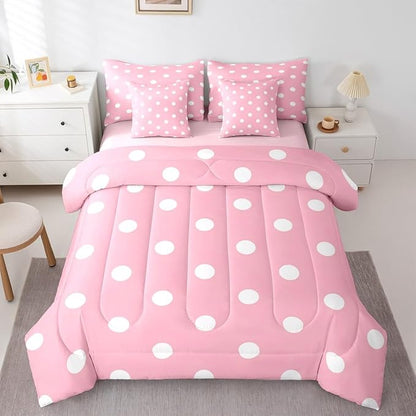 Feelyou Polka Dot 7 Piece Bedding Set Pink White Comforter Set with Sheets for Kids Boys Girls Geometric Plaid Bed in a Bag Modern Cute Bed Set Soft Lightweight