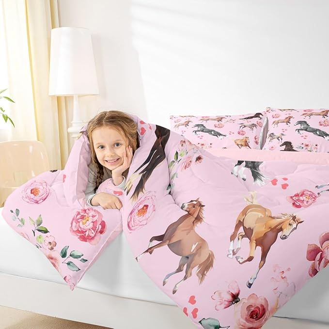 Erosebridal Horse Comforter Set King for Cowboy Cowgirl,Pink Rose Petal Bedding Set for Youth Adult,Rustic Horse Quilt for Bedroom Decor,Western Farmhouse Wildlife Down Comforter with 2 Pillowcases