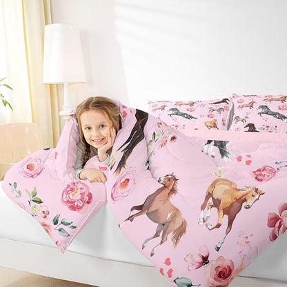 Erosebridal Horse Comforter Set King for Cowboy Cowgirl,Pink Rose Petal Bedding Set for Youth Adult,Rustic Horse Quilt for Bedroom Decor,Western Farmhouse Wildlife Down Comforter with 2 Pillowcases