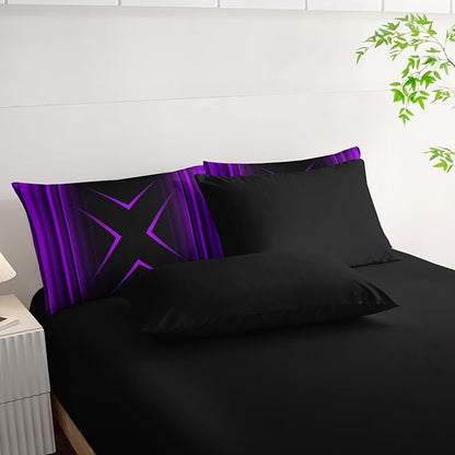 Purple and Black Geometric Comforter Set King Size 7Pieces,3D Abstract Mordern Printed Bedding Set for Adults,Geometric Mordern Decor All Seasons with Pillowcases,Flat, Fitted Sheet