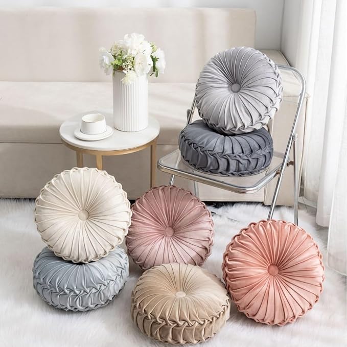 MOCOFO Round Velvet Throw Pillow, Pumpkin Shape Decorative Floor Cushion, Handcrafted Pleated Design, 14 and 16 Inch Diameter, Multiple Colors, Polyester Fill (Off White, 14")