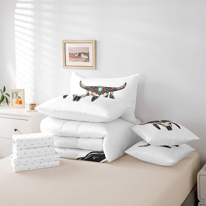 Erosebridal Aztec 7 Piece Bedding Set Full Bull Skull Comforter Set with Sheets Gemstones Feathers Pattern Southwest Bed in a Bag Mysterious Hand Drawn Bohemian for Teens Men Women