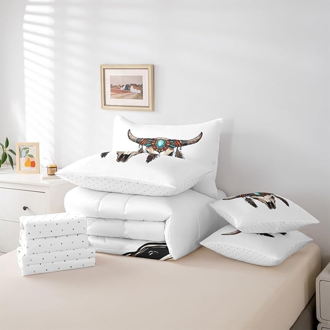 Erosebridal Aztec 7 Piece Bedding Set King Bull Skull Comforter Set with Sheets Gemstones Feathers Pattern Southwest Bed in a Bag Mysterious Hand Drawn Bohemian for Teens Men Women