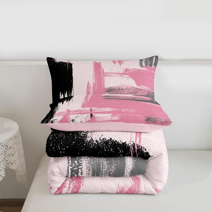 Erosebridal Girls Pink and Black Comforter Set Full Size Girly Abstract Pink Comforter Set for Kids Teens Women Geometric Modern Bedding Sets Minimalists Striped Art Bed Sets for Adults Boys Men