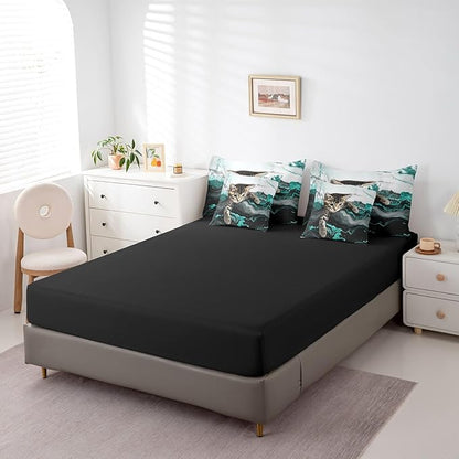7 Pieces Green Marble Bedding Set Twin Size Marbling Green Turquoise Bed in A Bag for Kids and Adults, Cartoon Cat Bed Set for Boys Girls Teal Stone Mountain Fluid Comforter Sets with Sheets