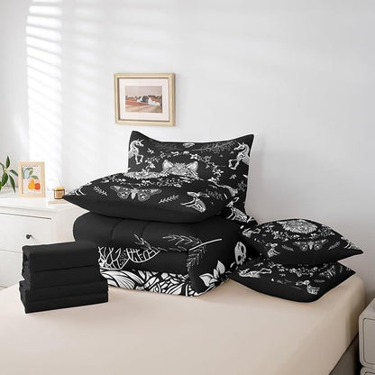 Wild Wolf Comforter Set in a Bag 7 Pieces,Gothic Moth Animals Skeleton Bed Set Twin,Weed Floral Black White Bedding Sets,(1 Comforter,2 Pillowcase,2 Pillow Covers,1 Flat Sheet,1 Fitted Sheet)