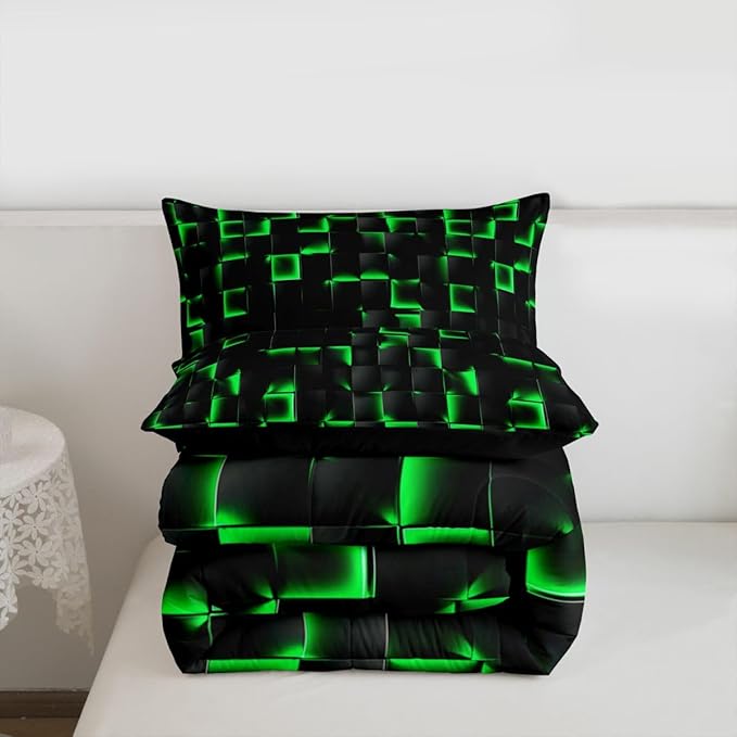 Erosebridal Neon Black Green Boys Comforter Set Twin Size Geometric Checkered Bedding Set for Kids Teen Men Gaming Room Decor,Abstract Ombre Plaid Comforter Grids Quilt Duvet