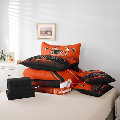 Erosebridal Football Comforter Set with Sheets Twin American Rugby 7 Piece Bedding Set for Boys Girls,Football City Bed in A Bag Orange Black Ombre Bed Set for Kids Teen Adults