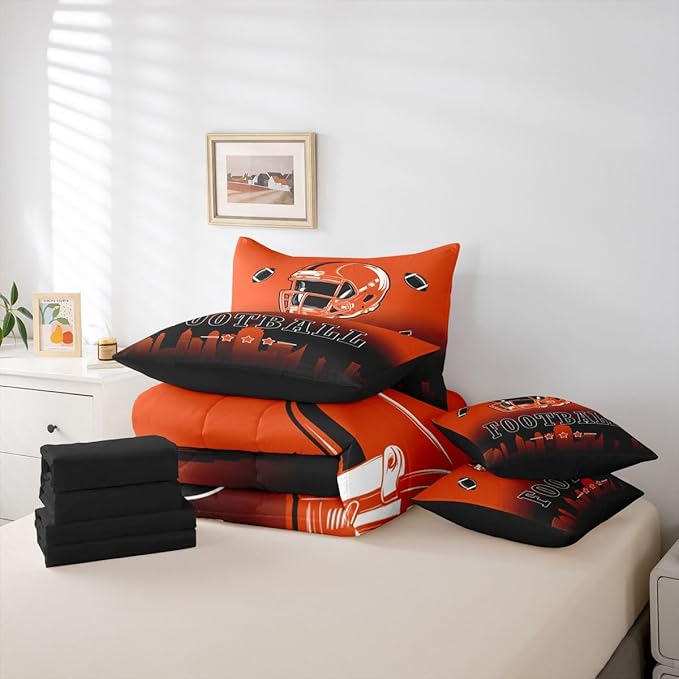Erosebridal Football Comforter Set with Sheets Full American Rugby 7 Piece Bedding Set for Boys Girls,Football City Bed in A Bag Orange Black Ombre Bed Set for Kids Teen Adults