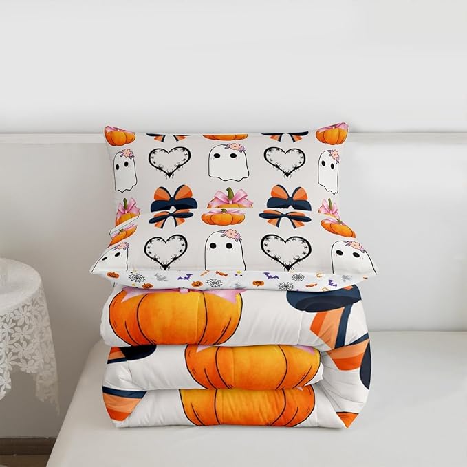Erosebridal Fall Pumpkin Comforter Set Toddler, Halloween Ghost Bedding Set, Bow Comforter for Kid Girls Teens Women Kawaii Room Decor, Black Love Heart Quilt with 1 Pillowcase