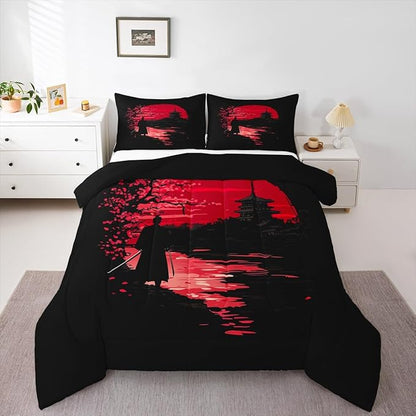 Erosebridal Samurai Comforter Set, Sunset Bedding Set, Japanese Samurai Warm Soft Down Comforter, Scenery Silhouette Bedroom Decor 3Pcs Duvet Set for Men Boys Teens, Full Size