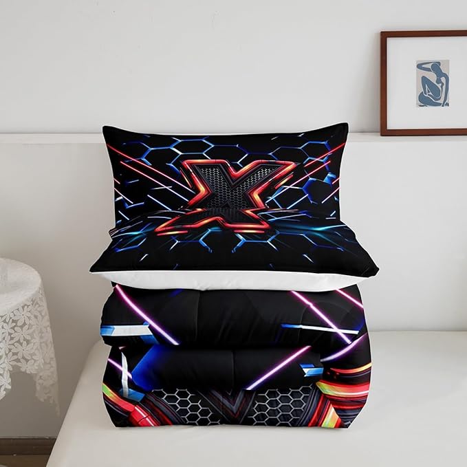 Manfei Geometric Honeycomb Kids Comforter Set Full Size,Blue Neon Hexagon Abstract Bedding Set for Boys Girls Man Room Decor,Light Gaming Fashion Down Comforter,Red Black Duvet Insert,2 Pillowcases