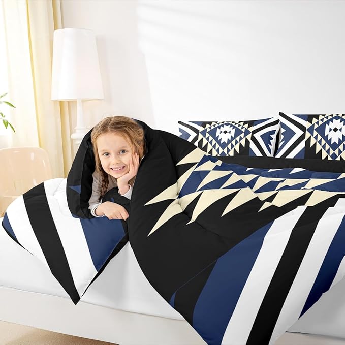 Feelyou Kids Blue Black Boho Western Bedding Set Full Size Southwestern Aztec Tribal Comforter Set for Boys Girls Vintage Geometric Duvet Quilt