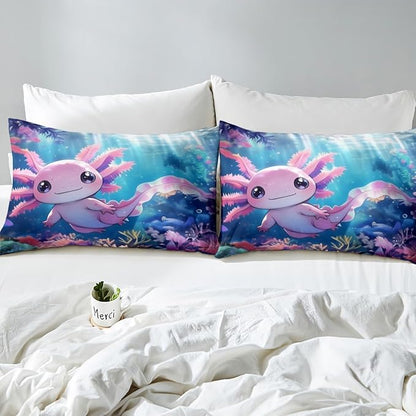Erosebridal Kawaii Axolotl Comforter Set for Kids Boys and Teens Room, Salamander Animal Bedding Set Queen Size, Ocean Life Down Comforter,Underwater World Sea Animal Quilt, Breathable Room Decor