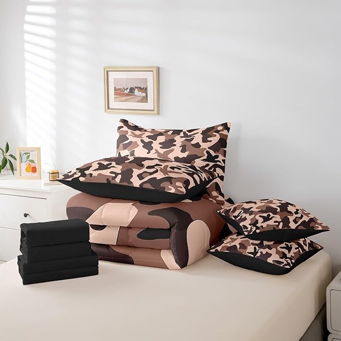 Erosebridal Duck Hunter 7 Pcs Bed Set King Size Camo Bedding for Kids Girls Army Camouflage Hunting Bed in A Bag Sheet Set Vintage Pink Brown Room Decor Wild Animal Duck Farmhouse Comforter Set