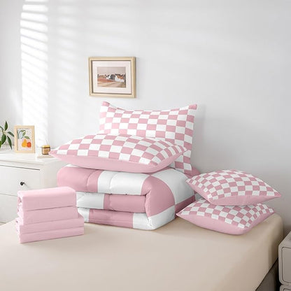 Feelyou Checkered 7 Piece Bedding Set Teen Women Men Pink Plaid Comforter Set with Sheets King Size Kids Boys Cute Retro Neutral Checkerboard Geometric Bed in a Bag Vintage Aesthetic Room Decor