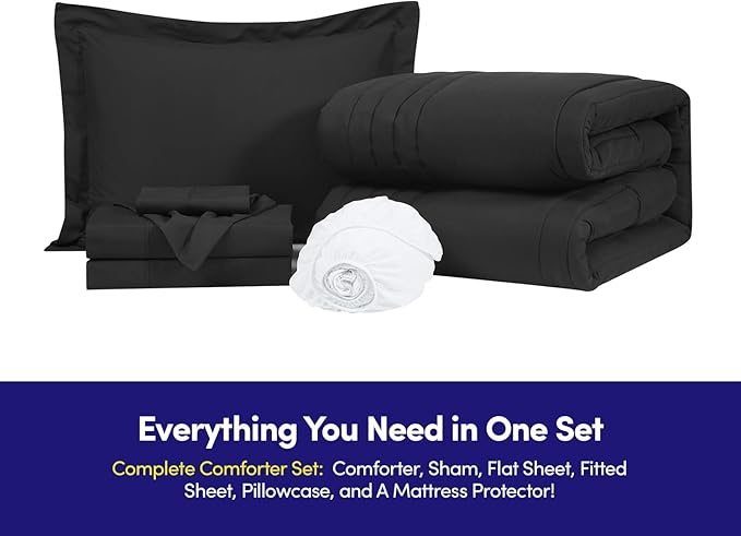 Twin XL Comforter Set College Dorm Bedding Bundle (Twin XL) – Dorm Upgrade with Comforter, Mattress Protector, Sheet Set & Pillow Sham — Stylish Quilted Stripe for Students & Shared Rooms, Black