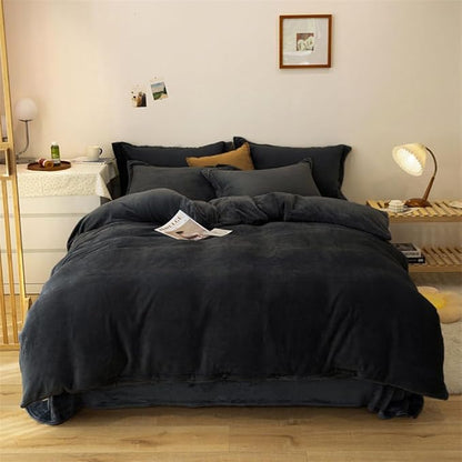 Pureant Black Velvet Comforter Sets California King Solid Black Fluffy Bedding Comforters Cal King Plain Dark Color Flannel Quilt Modern Minimalist Blanket Micromink Sherpa Plush Bed