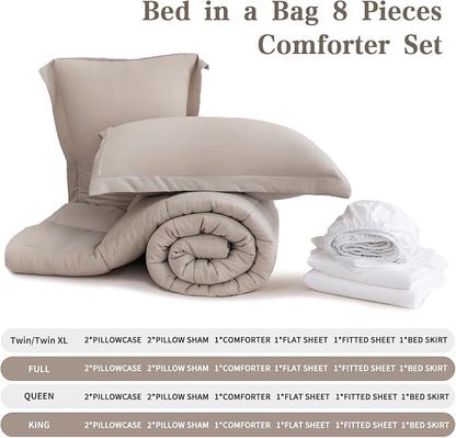 King Size Comforter Set - 8-Piece White Bedding with Breathable Reversible Down Lightweight Comforter, Bed Skirt, Flat Sheets, Pillowcases & Pillow Shams