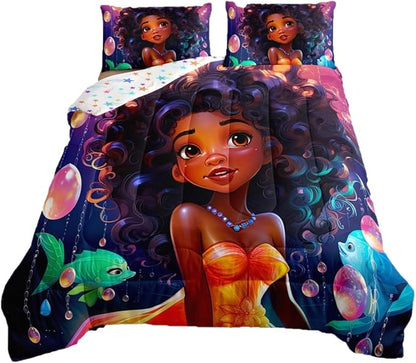 Afro-American Girl Twin Comforter Set for Little Girl,Afro Kid Princess Melanin Bedding Set,Ocean Fish Toddlers American Black Girls Quilt for Girls Bedroom