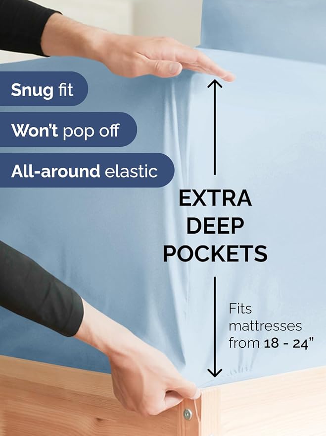 Extra Deep Split King Sheet Set - 7 Piece Breathable and Cooling Sheets - Hotel Luxury Bedding for Women, Men, Kids & Teens - Easy & Secure Fit - Soft and Wrinkle Free - Extra Deep Pockets - Sky Blue
