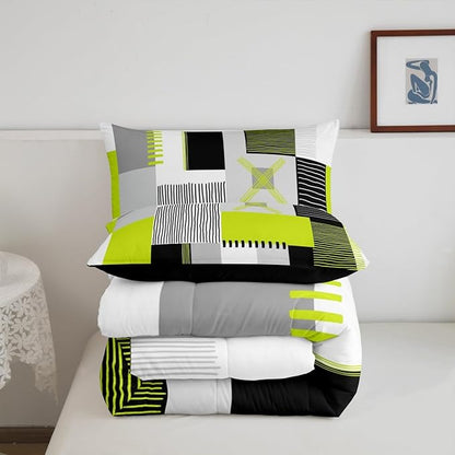 Erosebridal Lime Green Grey Comforter Set Full Black White Abstract Bedding Set for Kids Boys Teen Men Geometric Square Quilt Grids Checkered Duvet Insert Modern Fashion Room Decor 3 Pcs