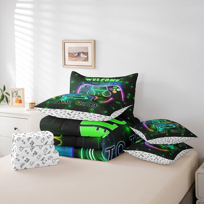 jejeloiu Cool Gamer 7 Piece Bedding Set King Size for Boys 3D Gaming Comforter Set with Sheets Kids Teens Bright Green Bed in a Bag Modern Game Console Bed Set