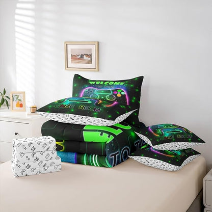 jejeloiu Cool Gamer 7 Piece Bedding Set King Size for Boys 3D Gaming Comforter Set with Sheets Kids Teens Bright Green Bed in a Bag Modern Game Console Bed Set