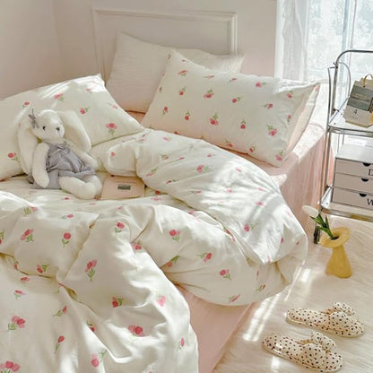 Nayoroom Pink Floral Comforter Set Twin Size Coquette Tulip Printed on White Comforter 2 Pcs Kids Girls Soft Lightweight Cute Bedding Set for All Seasons (1 Comforter, 2 Pillow Shams)