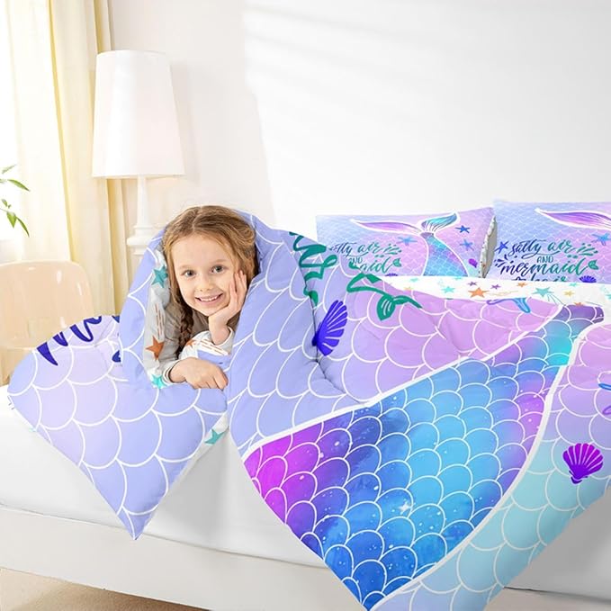 Mermaid Tail Comforter Set Kids Girls Fish Scales Cute Bedding Set Twin,Girly Shell Starfish Duvet Insert Ocean Life Sea Animal Duvet Stuffing Pastel PInk Teal Blue Purple Kawaii Room Decor