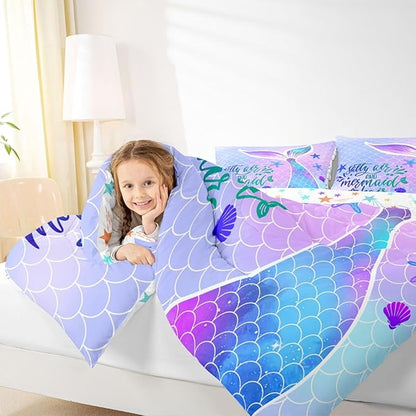 Mermaid Tail Comforter Set Kids Girls Fish Scales Cute Bedding Set Twin,Girly Shell Starfish Duvet Insert Ocean Life Sea Animal Duvet Stuffing Pastel PInk Teal Blue Purple Kawaii Room Decor