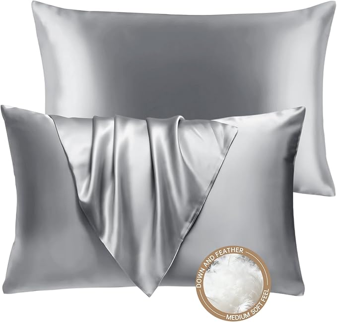 BHZ Grey Satin Goose Down Feather Pillows Queen Size Set of 2 with Satin Pillowcase for Hair and Skin, Cooling Pillow Cases Similar to Silk Pillow Cases, Decorative for Women, Mom Men