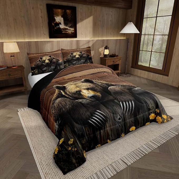 Feelyou Kids Bear Comforter Set Full Size Rustic Cabin Country Bedding Set for Boys Girls Wood Farmhouse Comforter Adult Duvet Set,1 Comforter+ 2 Pillow Shams,Brown Yellow