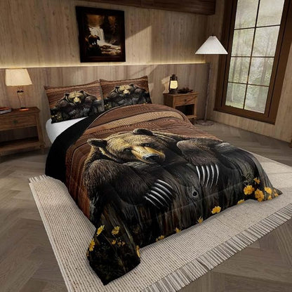 Feelyou Kids Bear Comforter Set Queen Size Rustic Cabin Country Bedding Set for Boys Girls Wood Farmhouse Comforter Adult Duvet Set,1 Comforter+ 2 Pillow Shams,Brown Yellow