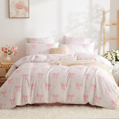 Bow Comforter Set Twin 2 Pieces Light Pink Heart Bedding Set for Girls Kids,Cute Princess Style Bedding, Super Soft Microfiber Comforter with 1 Pillowcase