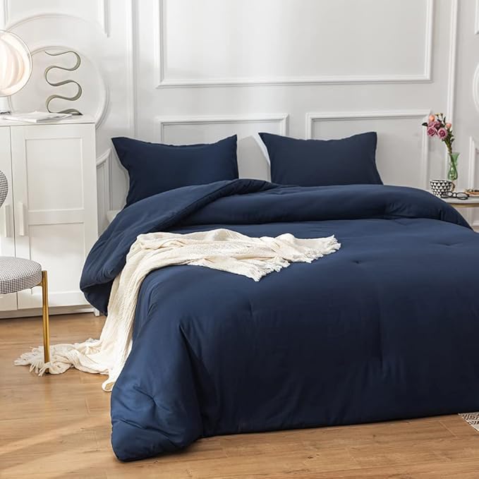 KAREVER Solid Navy Comforter Twin Navy Blue Bedding Set Kids Soft Bedding Quilt Set Teens Breathable Durable Blanket