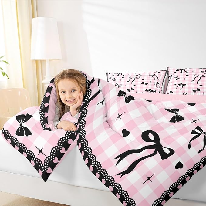 Black Bow Comforter Set King Size,Kids Girls Bowknot Bedding Set 3Pcs,White Pink Plaid Check Quilted Duvet for Teens Young Woman Room Decor,Sweet Love Lace Stripes Down Comforter,2 Pillowcases