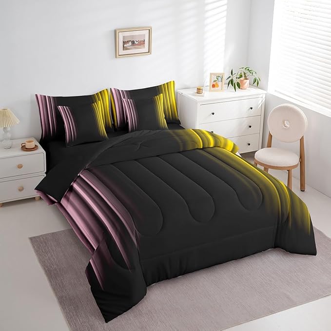 Feelyou Teens Abstract Ombre Decorations Bed in a Bag for Kids Women Pink Yellow and Black Comforter Set with Sheets Geometric Modern Bed Set Room Full Size